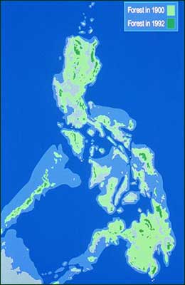 Old-growth rain forest covered about 70 percent of the Philippines in 1900. By 1992, that had been reduced to only abtou eight percent, in scattered, usually small, fragments. Redrawn from National Mapping and Resource Information Authority, 1988.  (c) Field Museum of Natural History - CC BY-NC 4.0